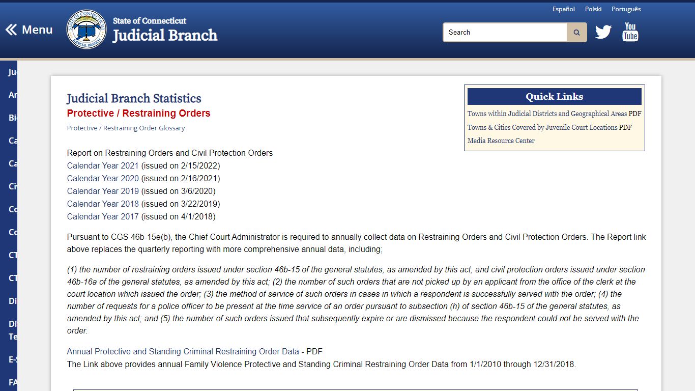 CT Judicial Branch Statistics - Protective Restraining Orders